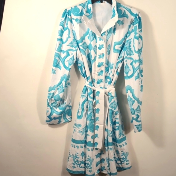 LUNE Allover Print Shirt Dress Size Large | Belted Tie Waist Midi | Day to Night - Picture 3 of 15